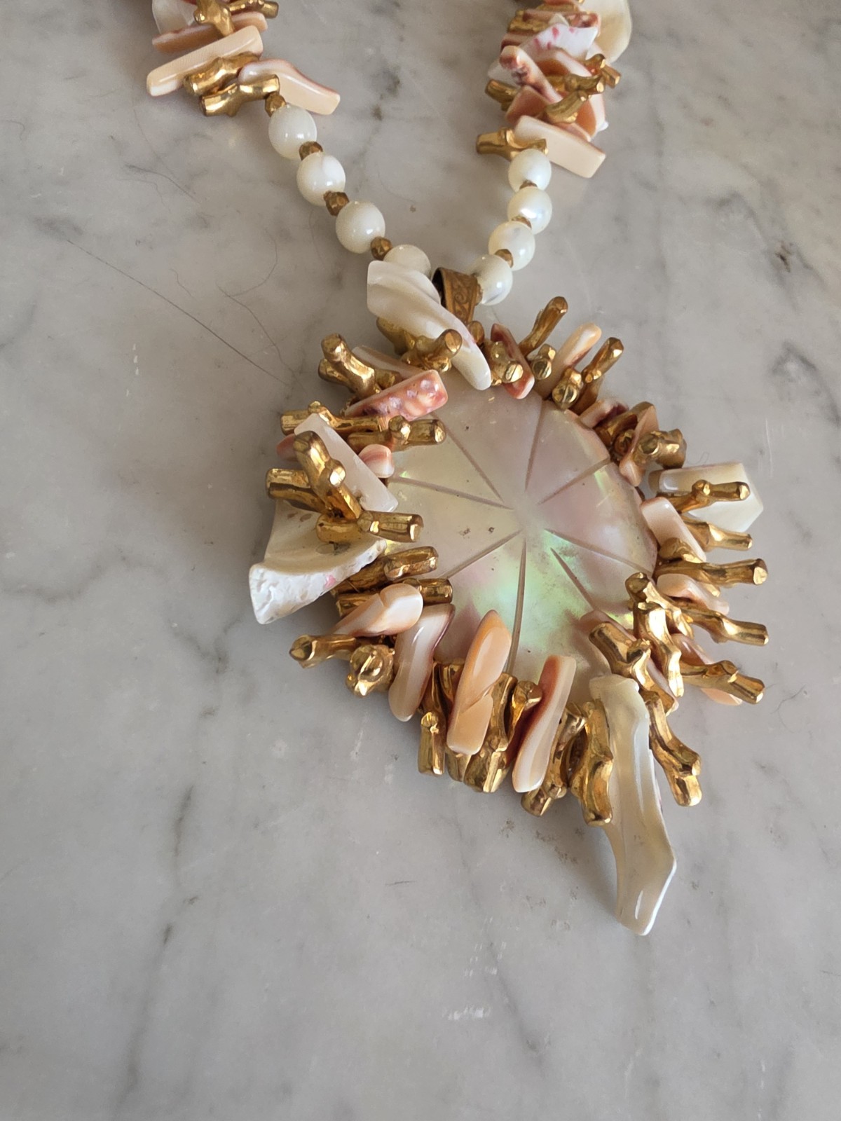 Miriam Haskell Signed Mother of Pearl & Coral Necklace