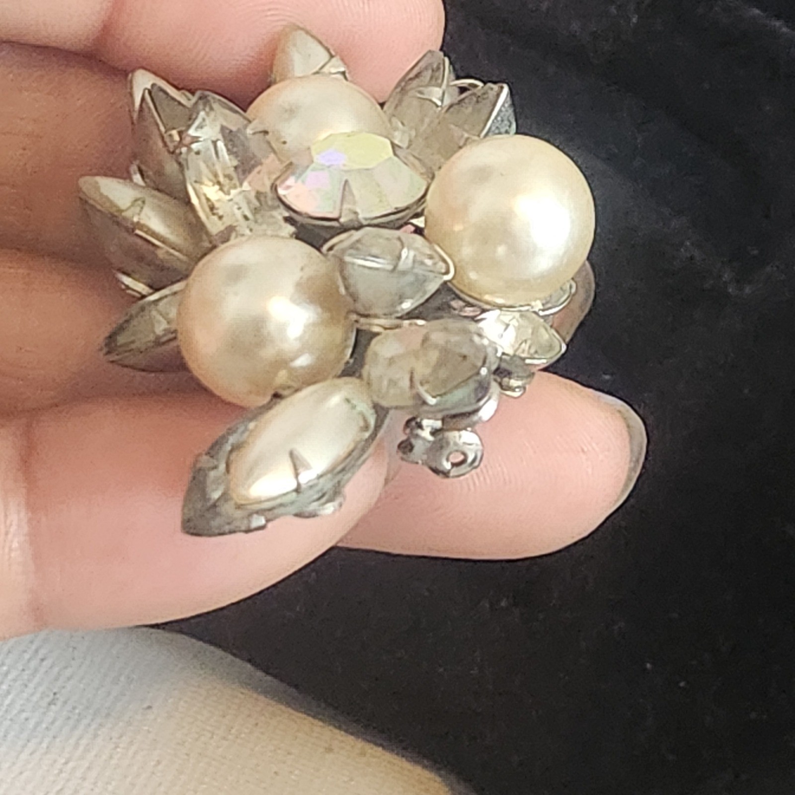 Vintage Aurora Borealis Rhinestone and Faux Pearl Cluster Clip On Earring Brooch