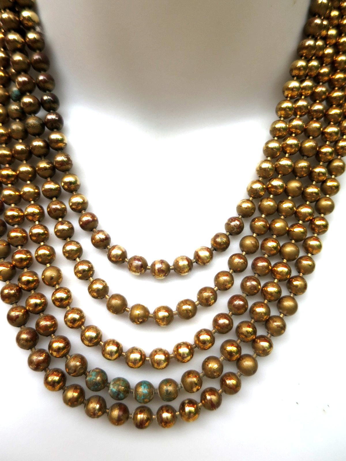 Vintage 30’s Multi 5 Strand Gold Tone Brass Ball Chain Tiered Necklace