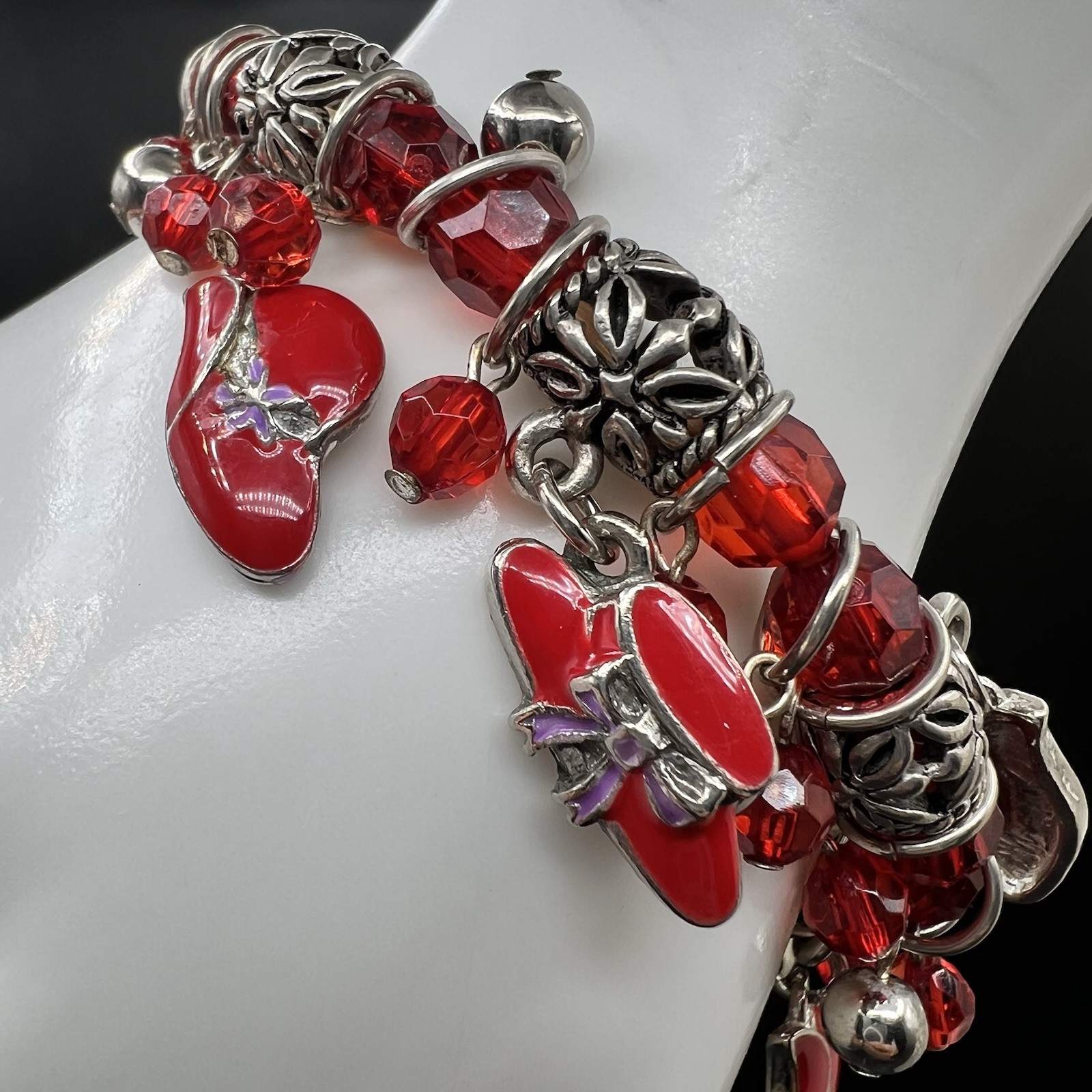 Vintage Dangle Charm Bracelet Red Enamel Hat Charms Filigree Spacer Beads
