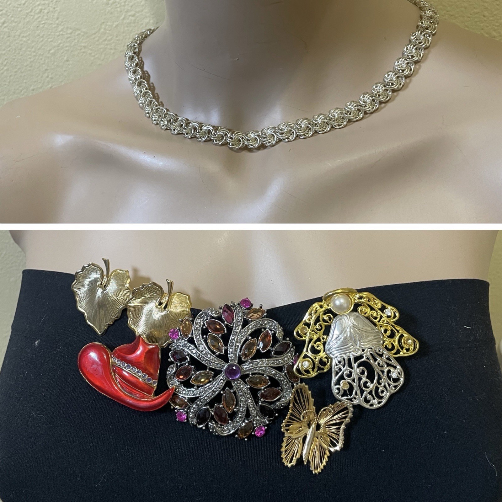 17pc Vintage Jewelry & Pin Lot Rhinestone Crystal Beads Gold-Silver Color Metal