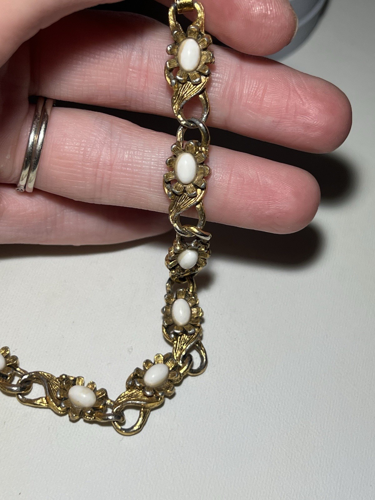 Vintage LJM Gold Victorian Revival Milk Glass Stone Bracelet 6.5”