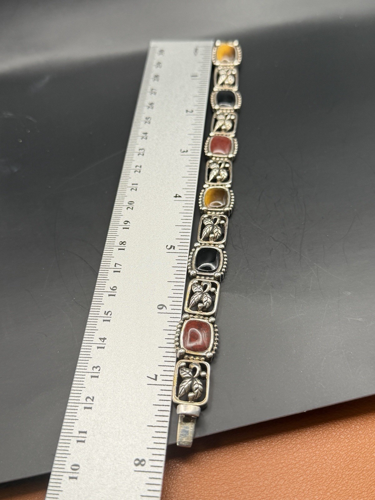 Vintage Sterling Silver Multi Stone Bracelet Onyx, Tiger Eye and Red Coral