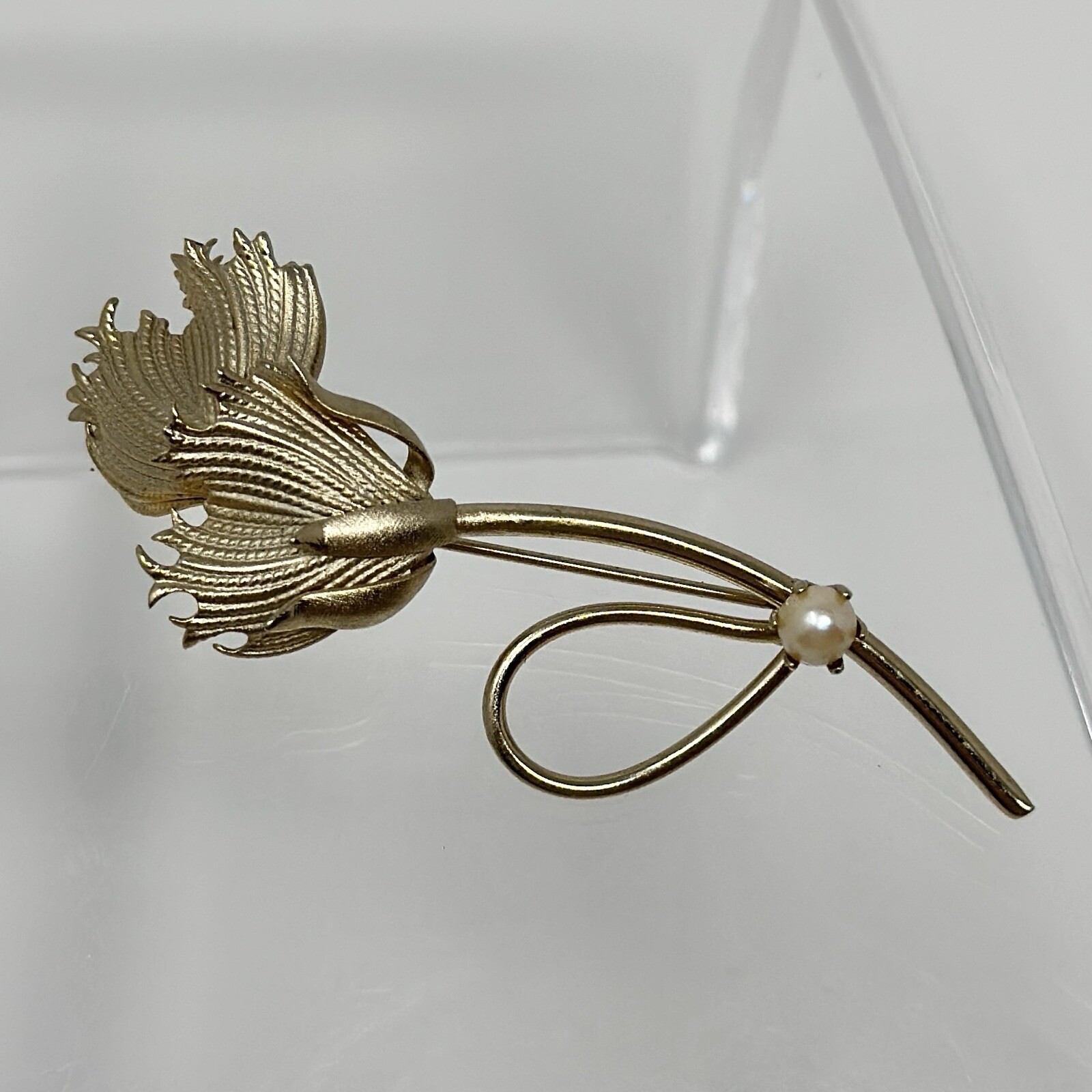 Vintage Gold Tone Blooming Dandelion Adjustable Petals Faux Pearl Brooch Pin