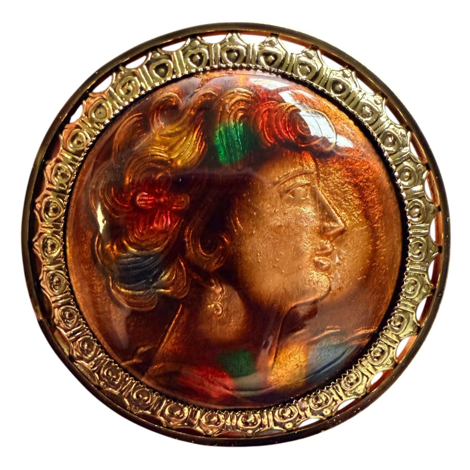 Vintage 1950s Reverse Carved Lucite Renaissance Lady Brooch New Old Stock