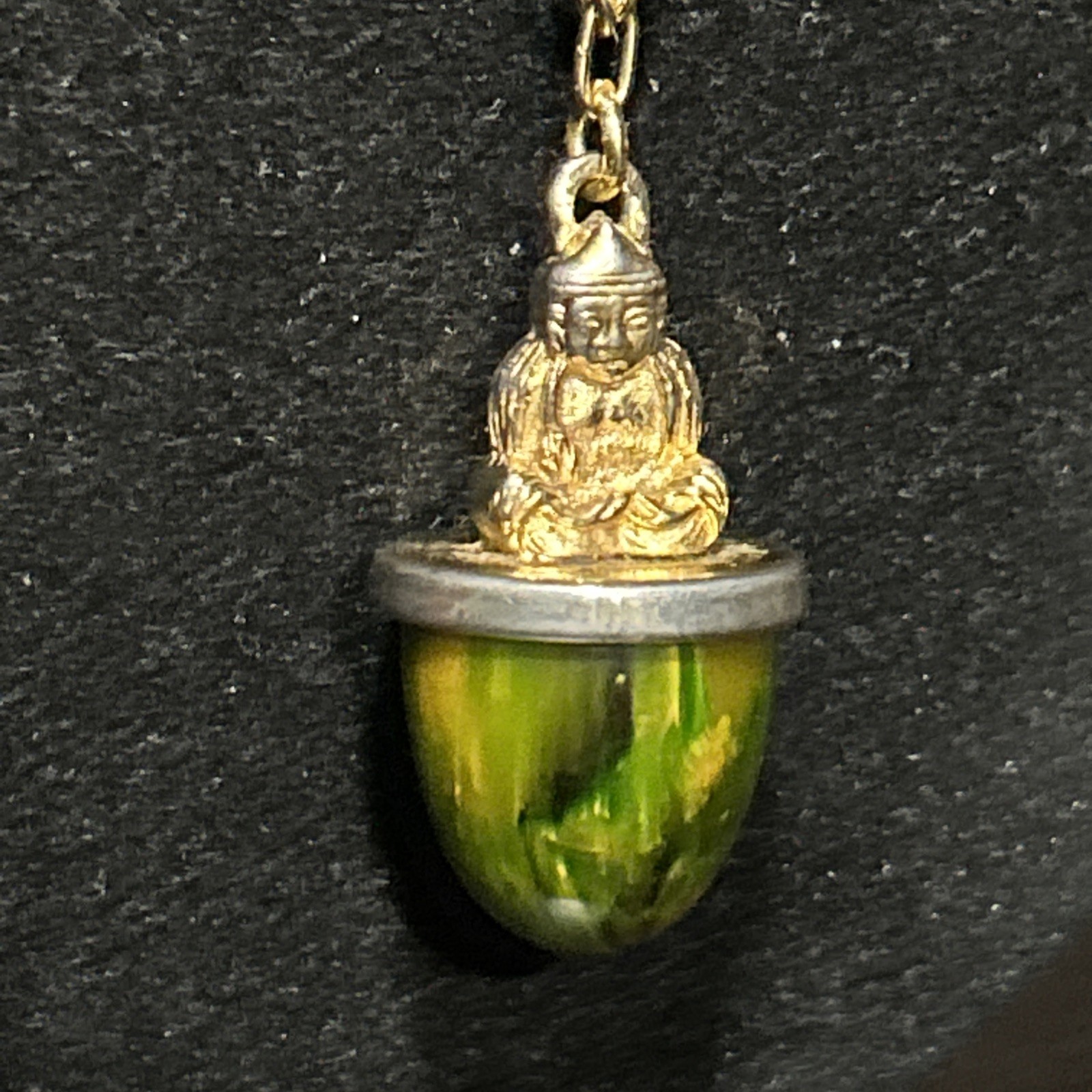 Vintage 30g Green Yellow Tested Bakelite Buddha Fob Pendant French 32” Necklace