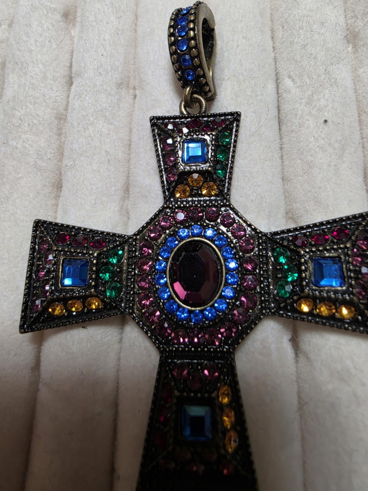 Swarovski Vintage Multi-Color Bronze Cross Pendant 3″ Lrg Detailed Bail one Chip