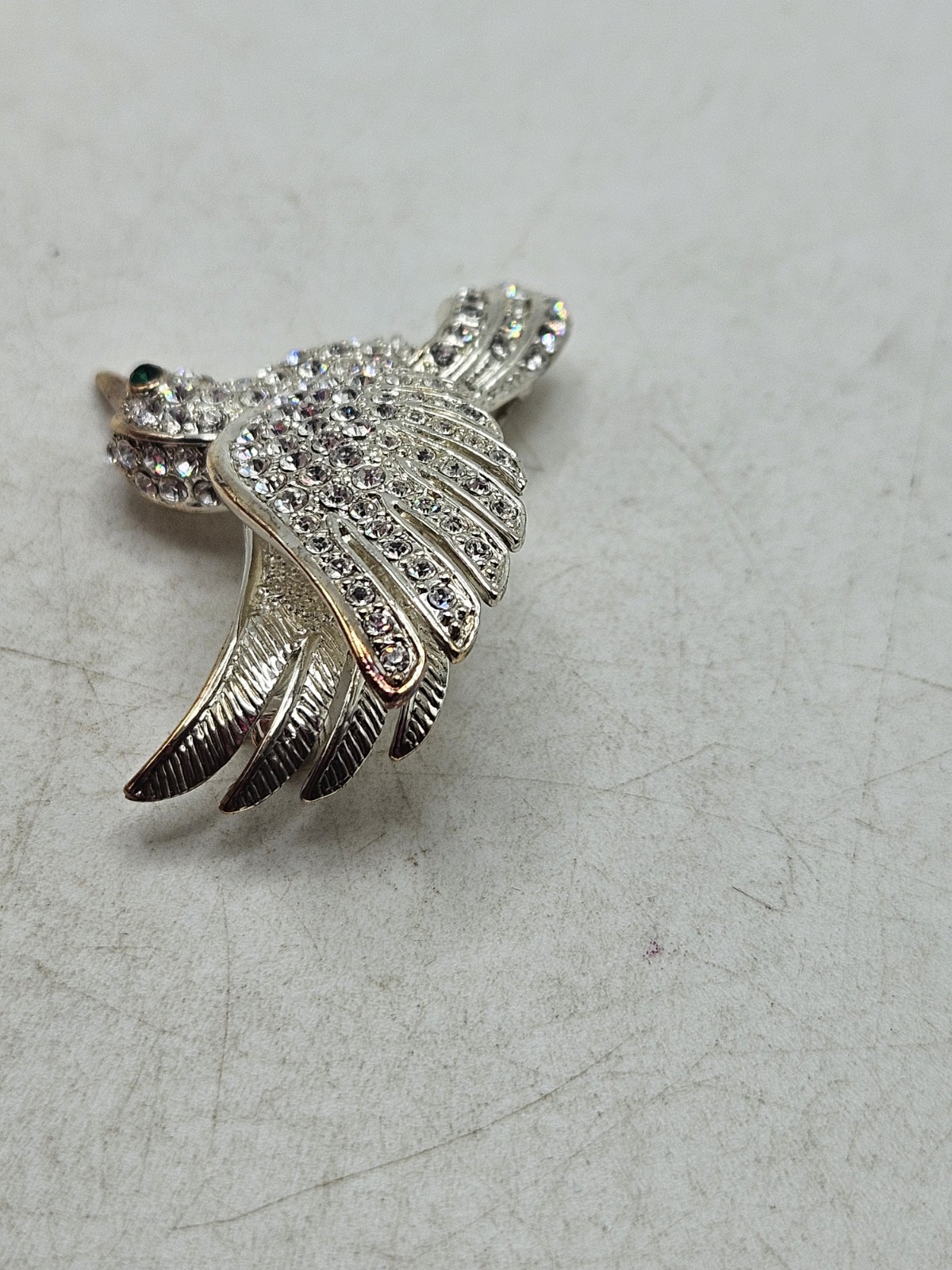 Vintage HummingBird In Flight Brooch Pin Silver Tone Rhinestones With Green Eye