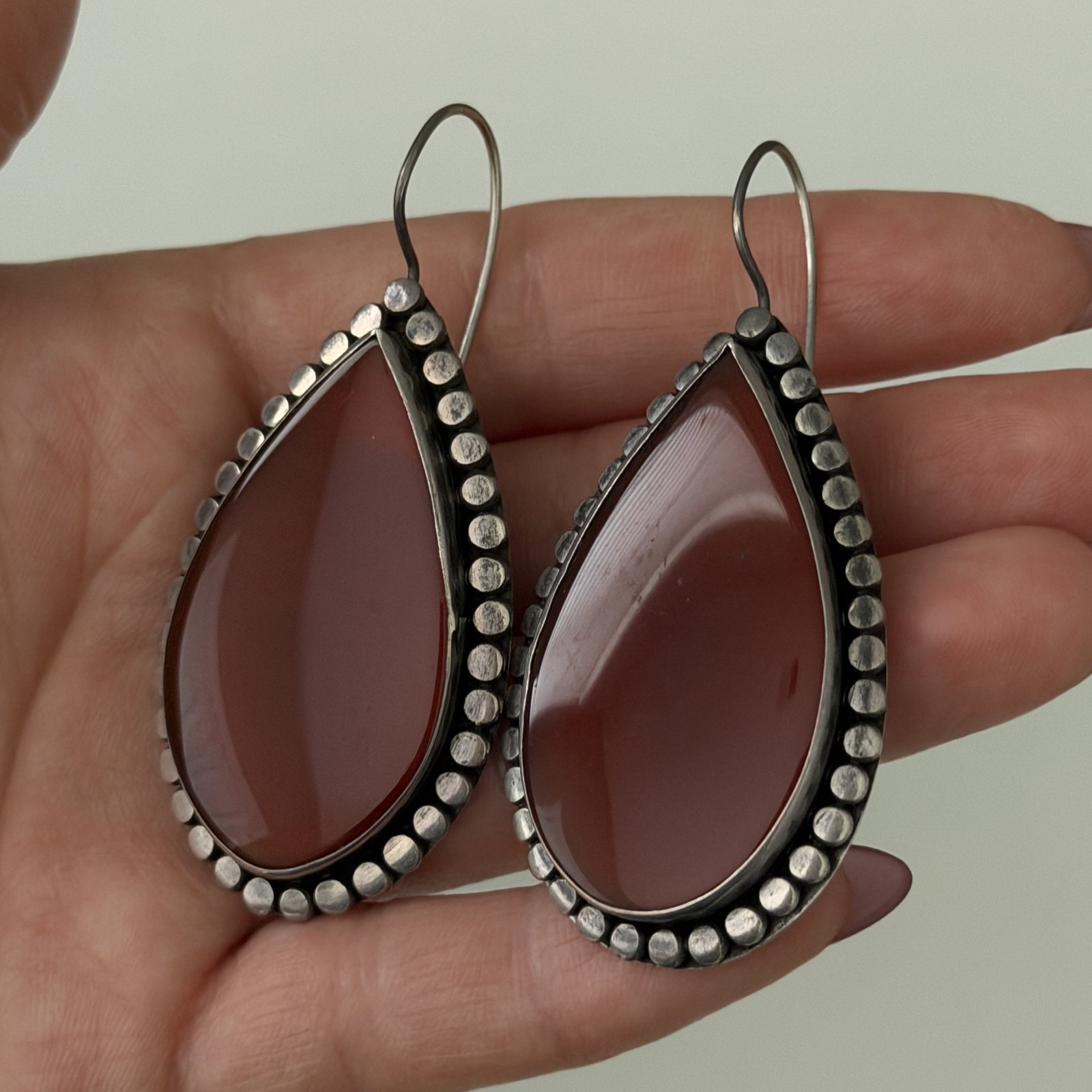 Vintage Sterling Silver Big Chunky Carnelian Earrings Oxidized Dangle Teardrop