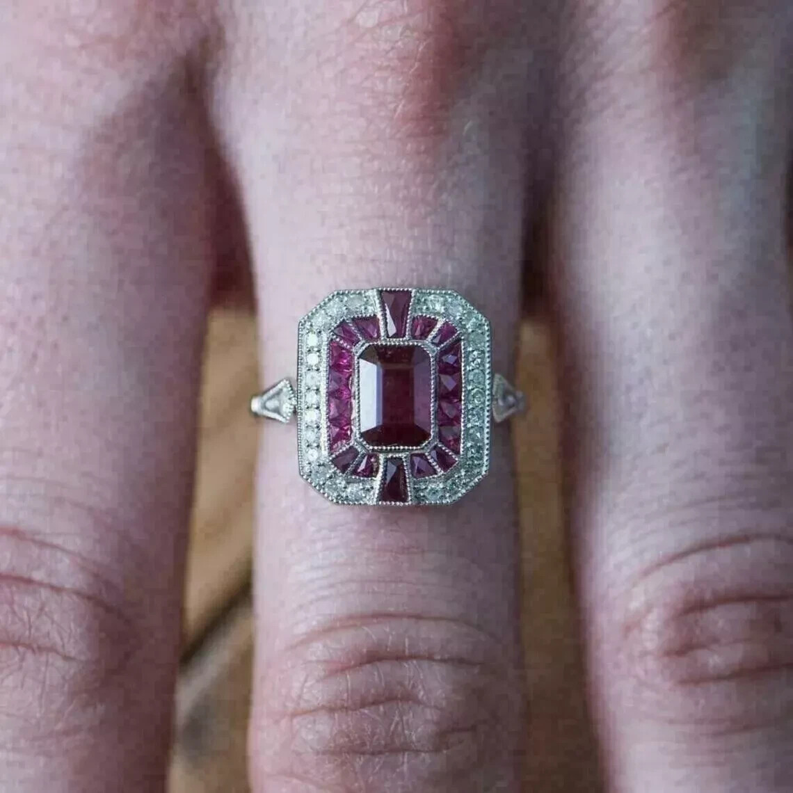 Art Deco Style Ruby & Lab Created Diamond Engagement Ring 14k White Gold Finish
