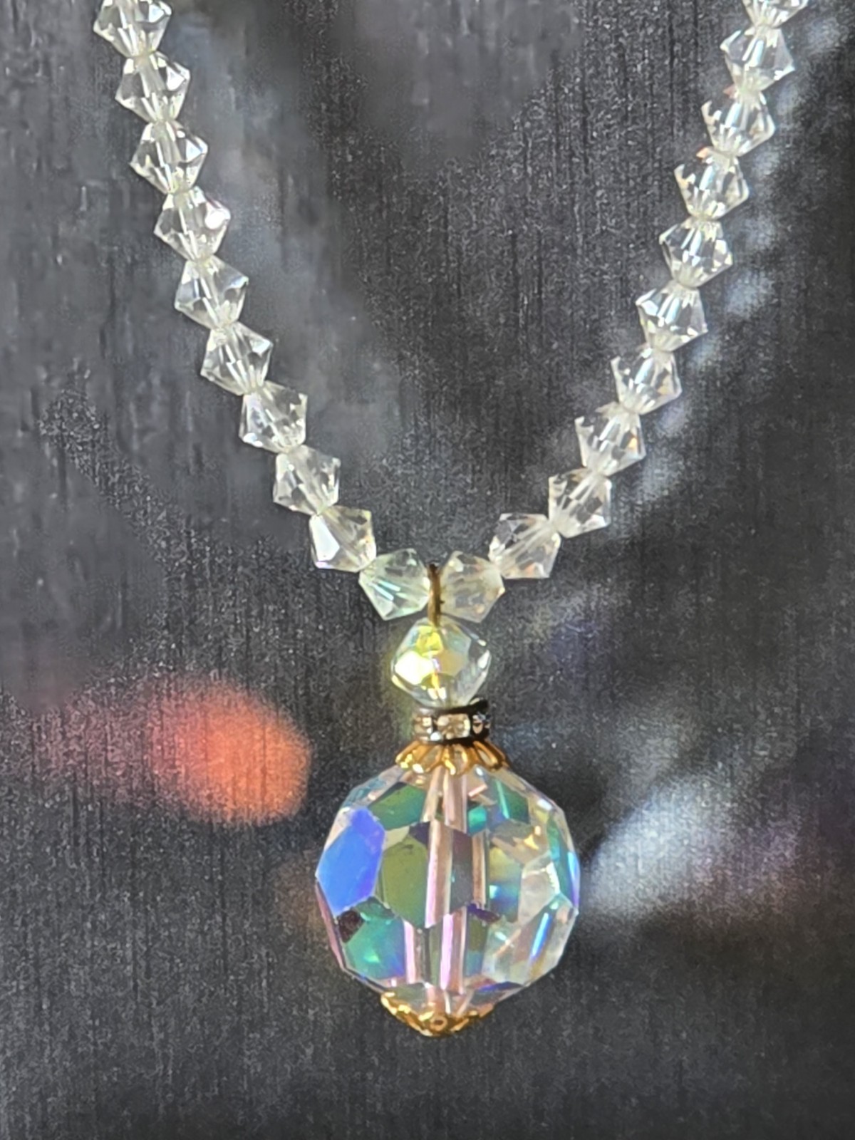 CZECH AURORA BOREALIS CRYSTAL BALL w CRYSTAL CHAIN PENDANT NECKLACE☆FILIGREE CAP