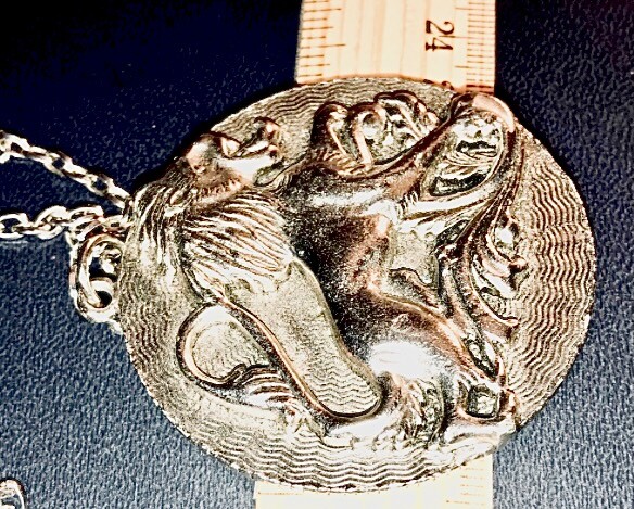 Silver Lion Leo Necklace Medallion Gothic Zodiac Pendant 30” Chain Cosplay Vtg