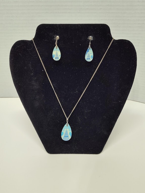 Japan Blue Intaglio Pagoda Opaline Glass Sterling Silver Pendant+Screw Earrings