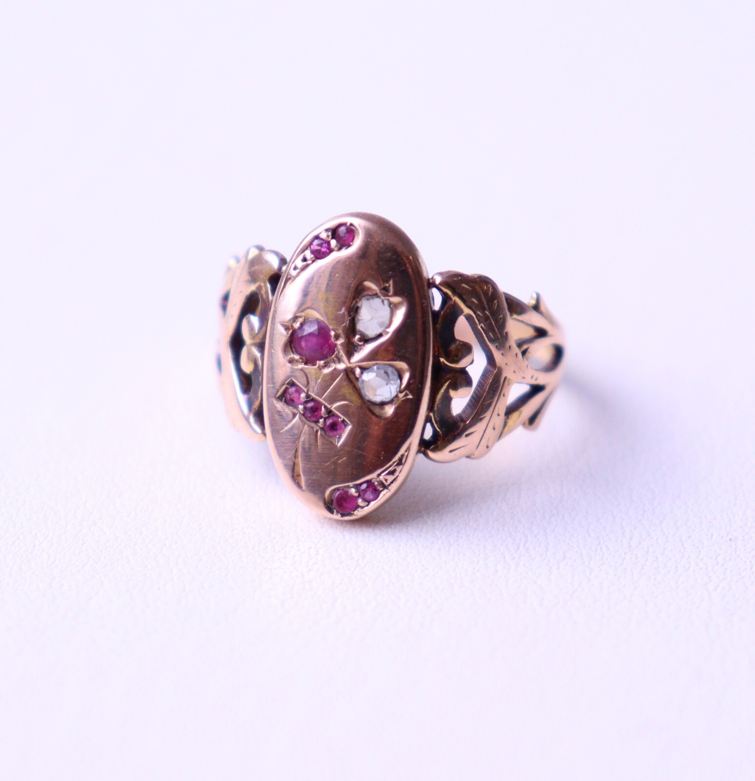 Antique Vintage 14k Rose Gold Ring Rose Cut Diamonds Ruby and Simili NO TARIFF