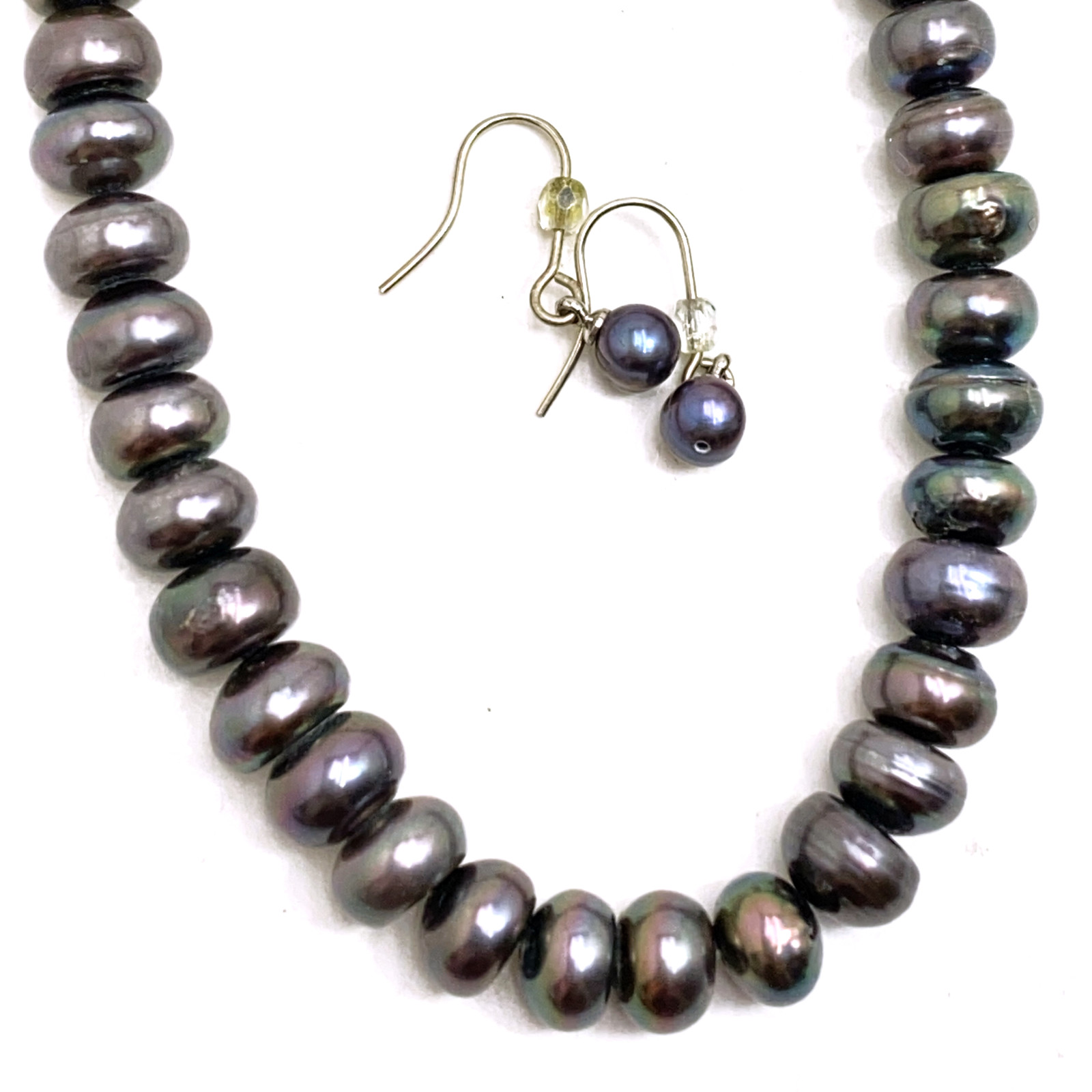 Retro Peacock Pearl Necklace 8mm Black Freshwater Drop Earrings 21 In