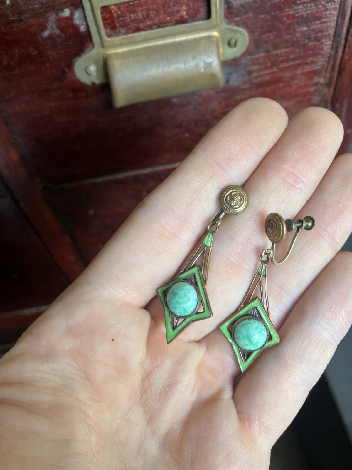 1920s Art Deco Dangle Earring Green Enamel And Stone Brass Clover Screw Back