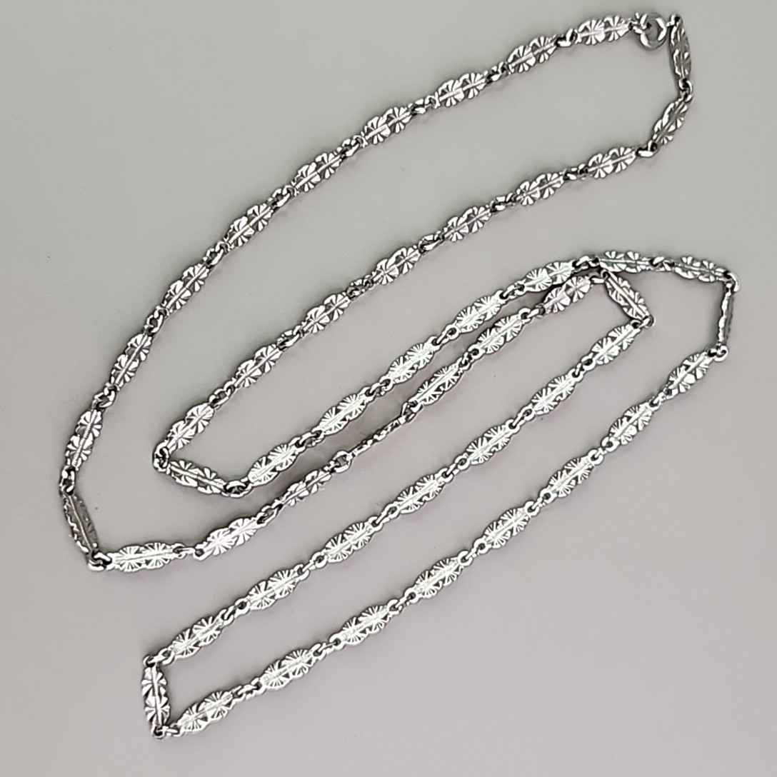 Vintage Chain Necklace Silver Tone Starburst Etched Bar Link 34″