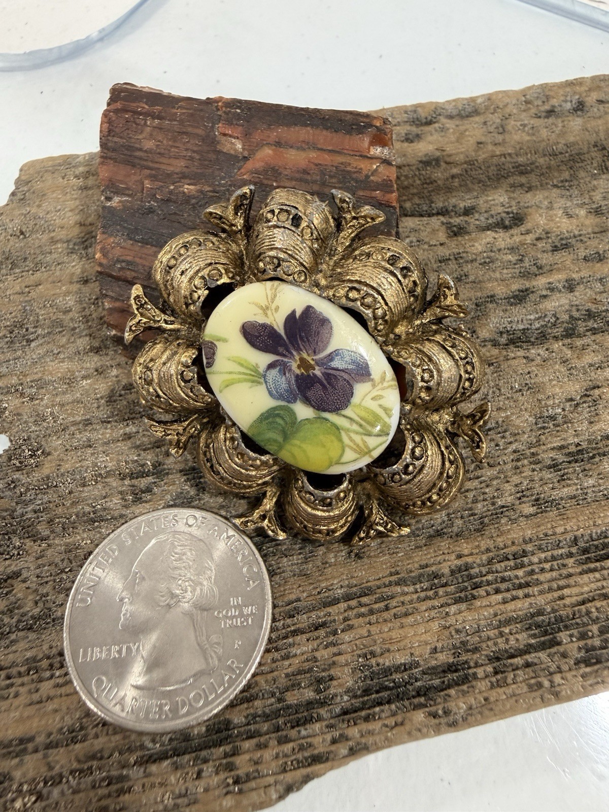 Vintage Victorian Revival Floral Porcelain Purple Violets Cameo Style Brooch