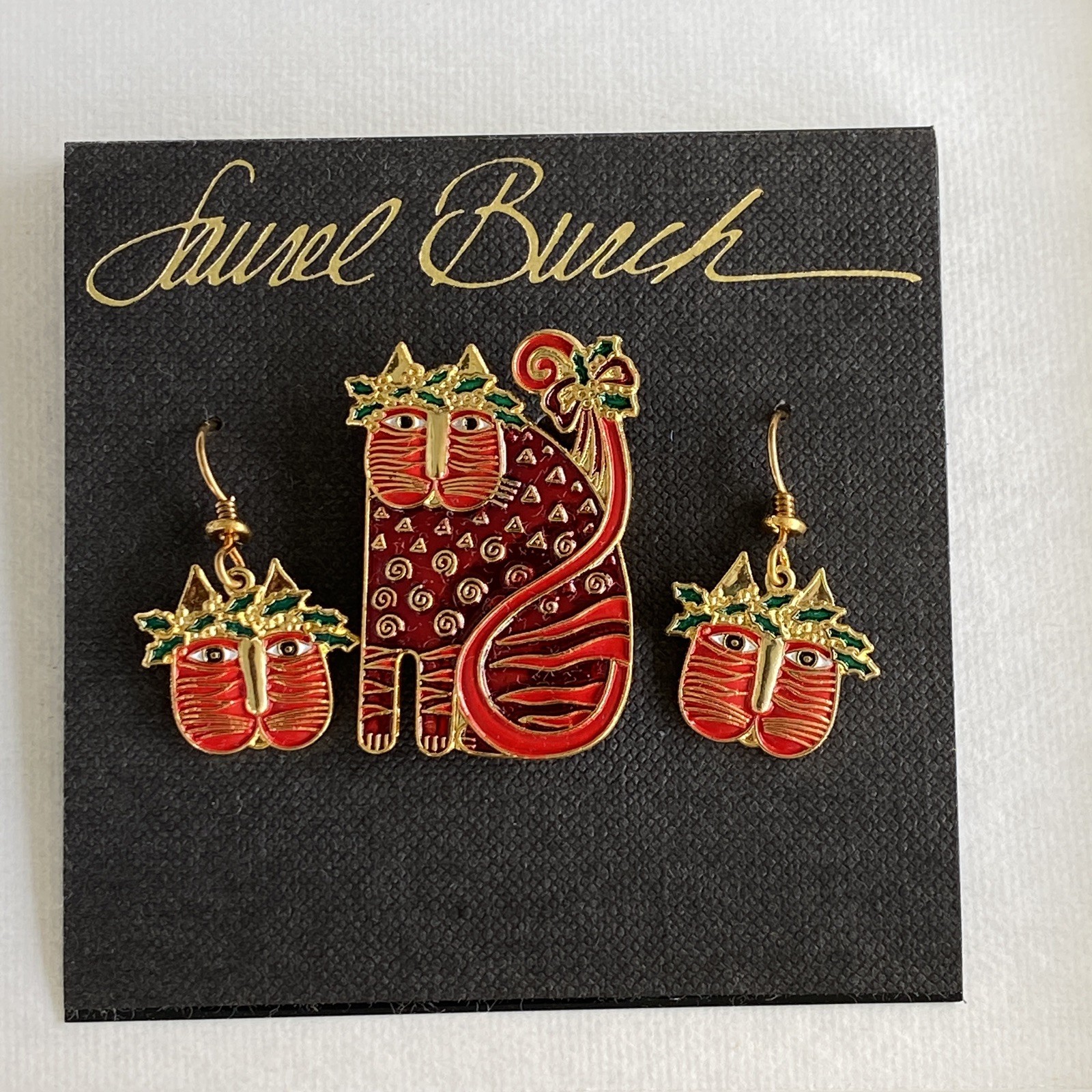 Laurel Burch Brooch and Earrings Set – Festive Feline – New Vintage Stock 1990’s