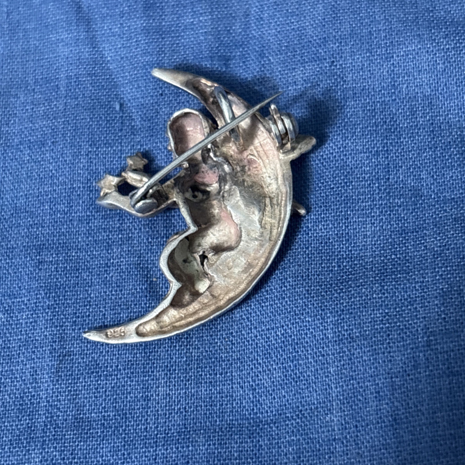 Vintage Sterling Silver Brooch Pendant Cherub Crescent Moon Celestial 8g 1.5”