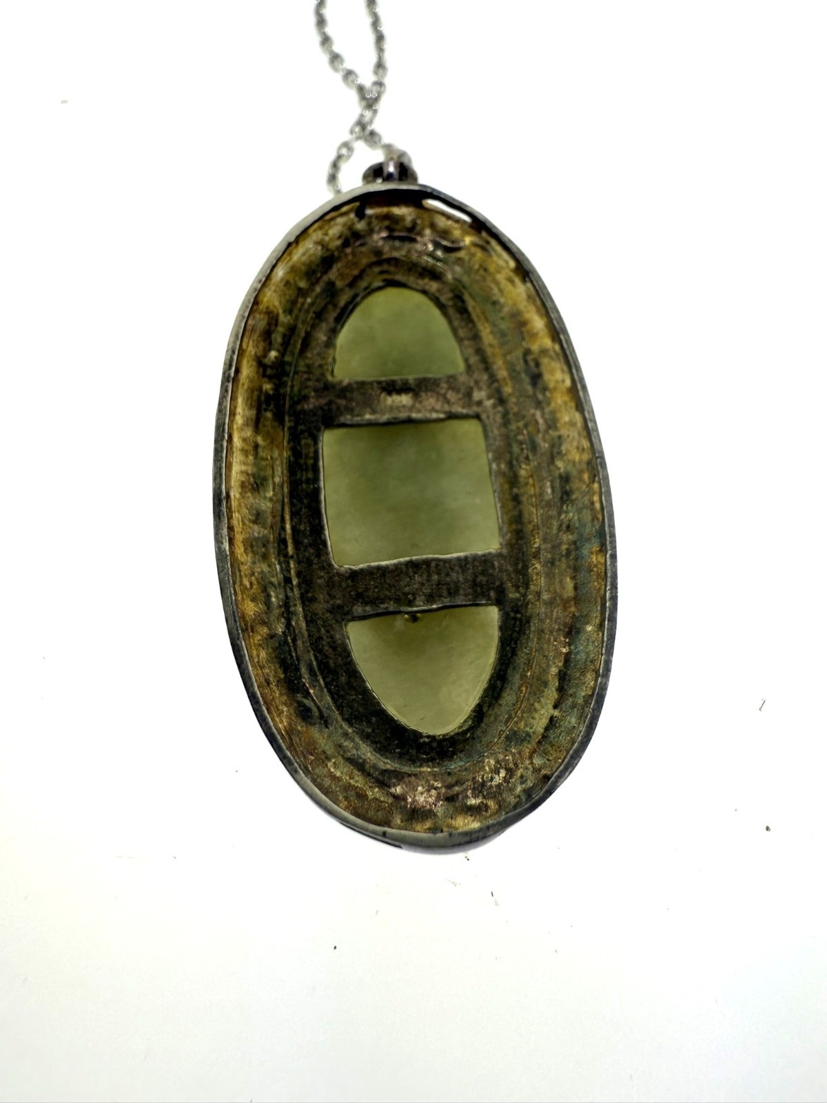Vintage Sterling Silver 20″ Necklace w/ Jade Pendant 福禄寿 Chinese Blessing 11.1g