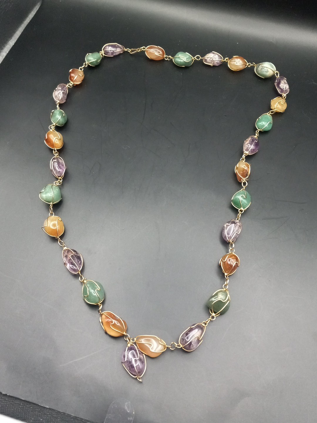 Vintage Amethyst, Jade Agate, Carnelian Goldgilt Wire Long Necklace