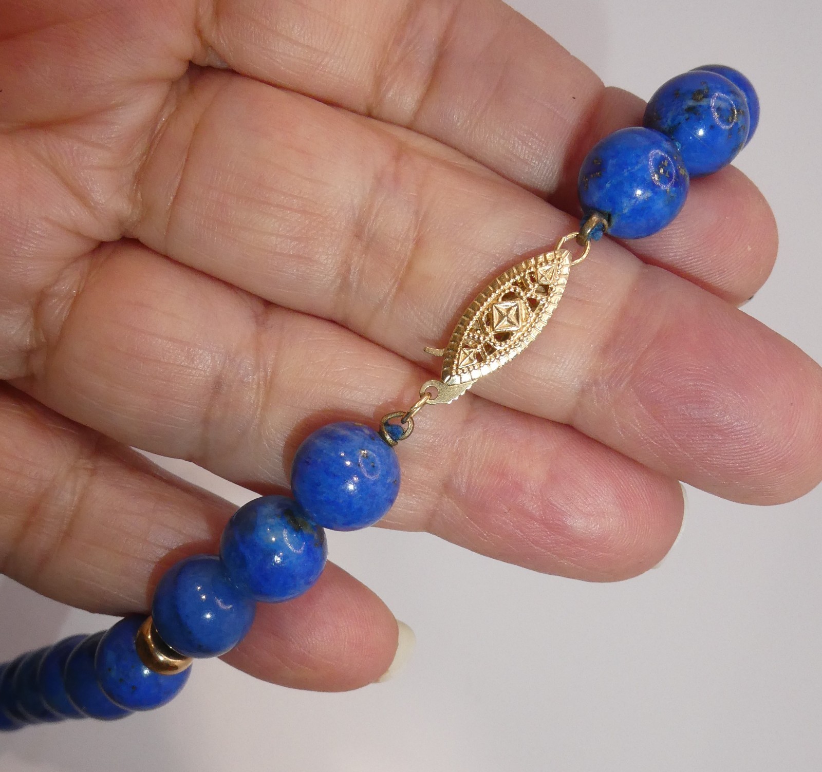 14K Gold 10mm Lapis Lazuli Beaded Necklace 106g – 32”l Opera 14K Rondelle Spacer