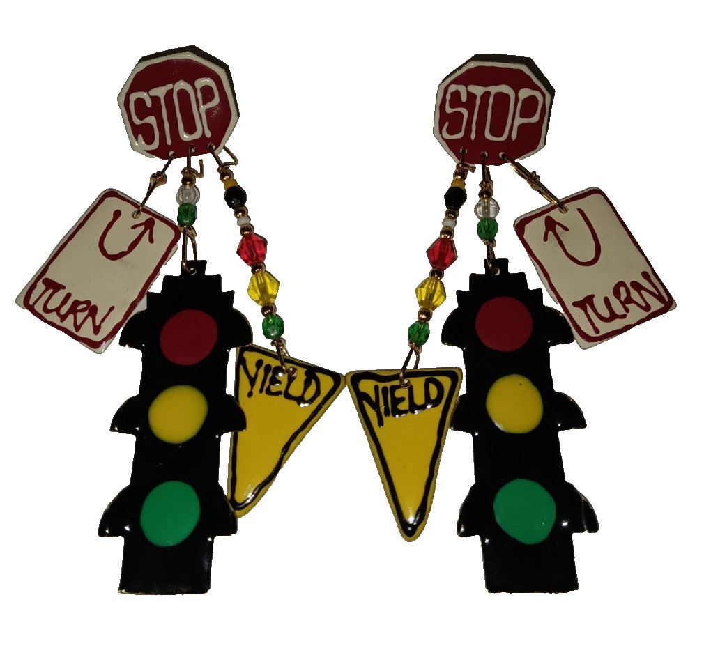 Vtg Enamel Lunch at Ritz Stop Sign Signals Traffic Light Pierced Dangle Earrings