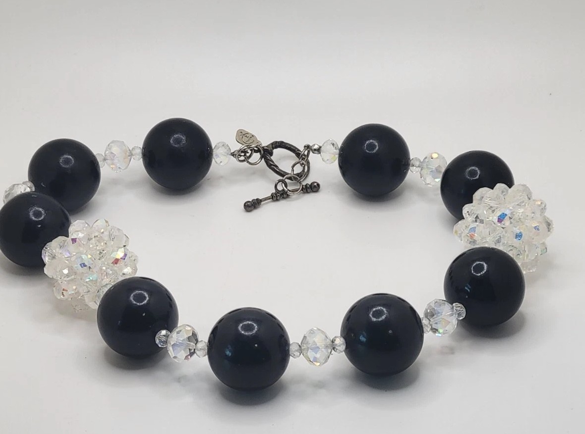 VTG DaVinci Necklace Black Spheres w Iridescent Crystal Clusters STATEMENT YES!