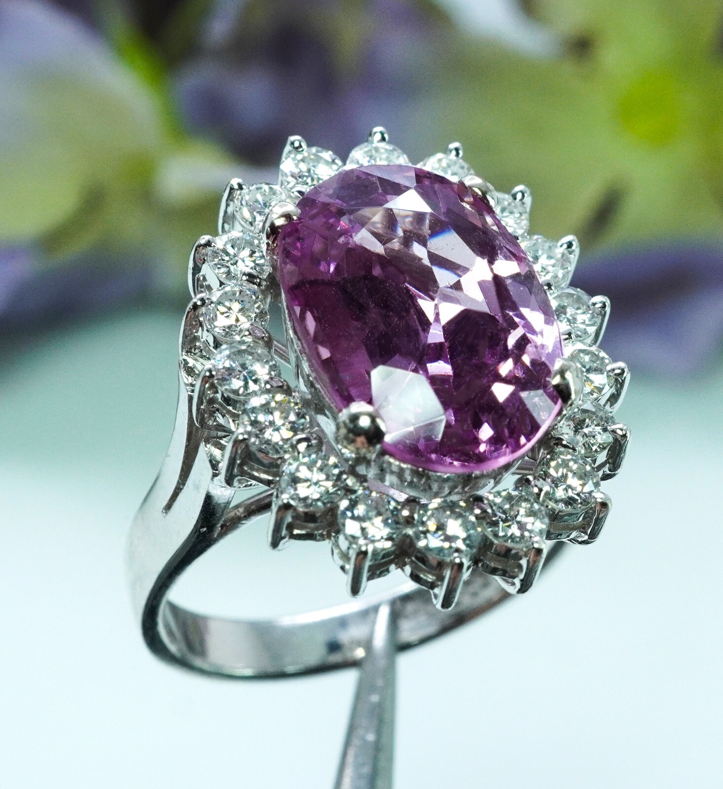 Vintage Large Natural Pink Spinel Diamond Ring 14K White Gold AGI Certificate