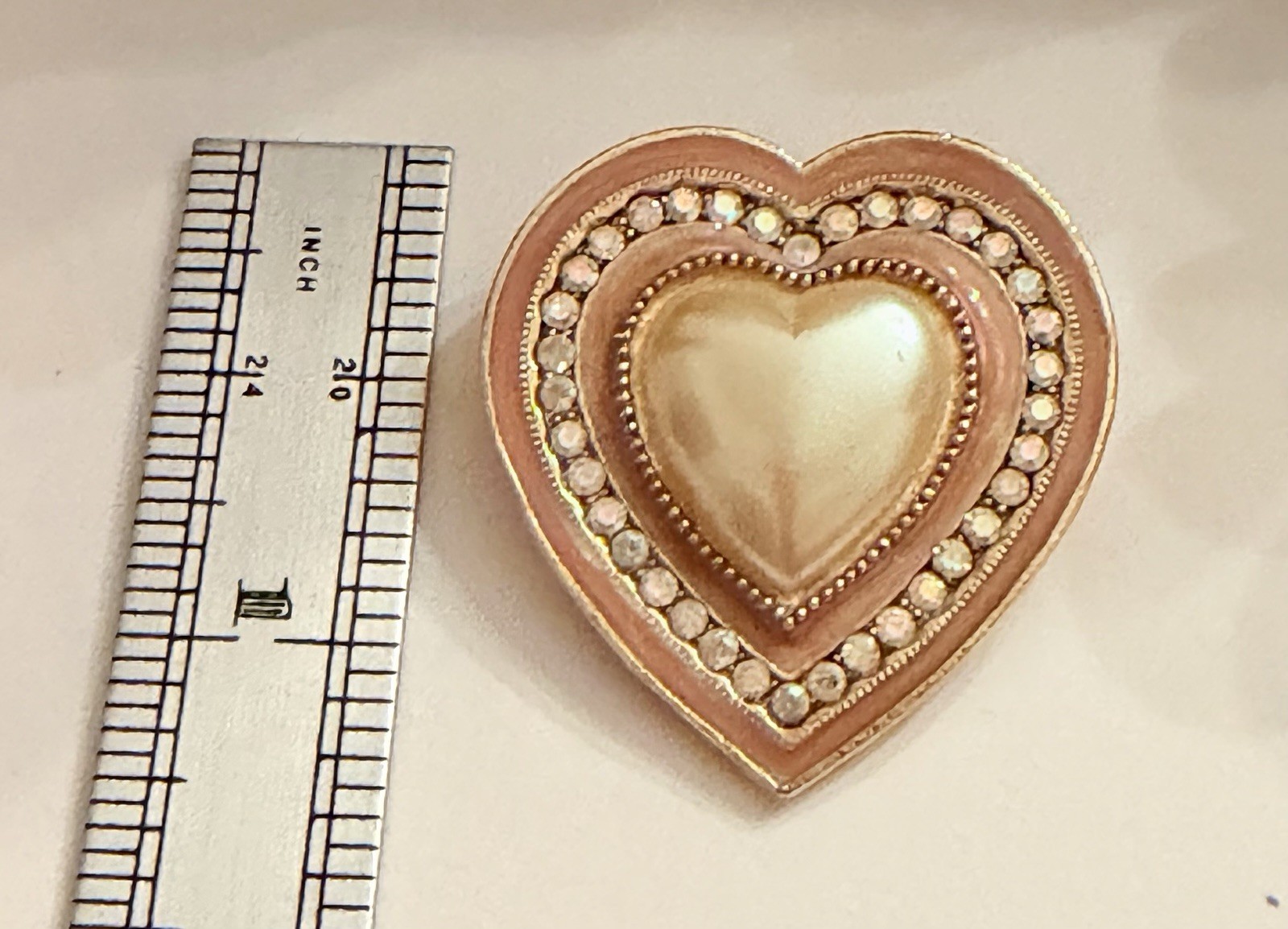 Vintage 1928 Heart Brooch Pink Enamel Faux Pearl Rhinestone Pin Unsigned