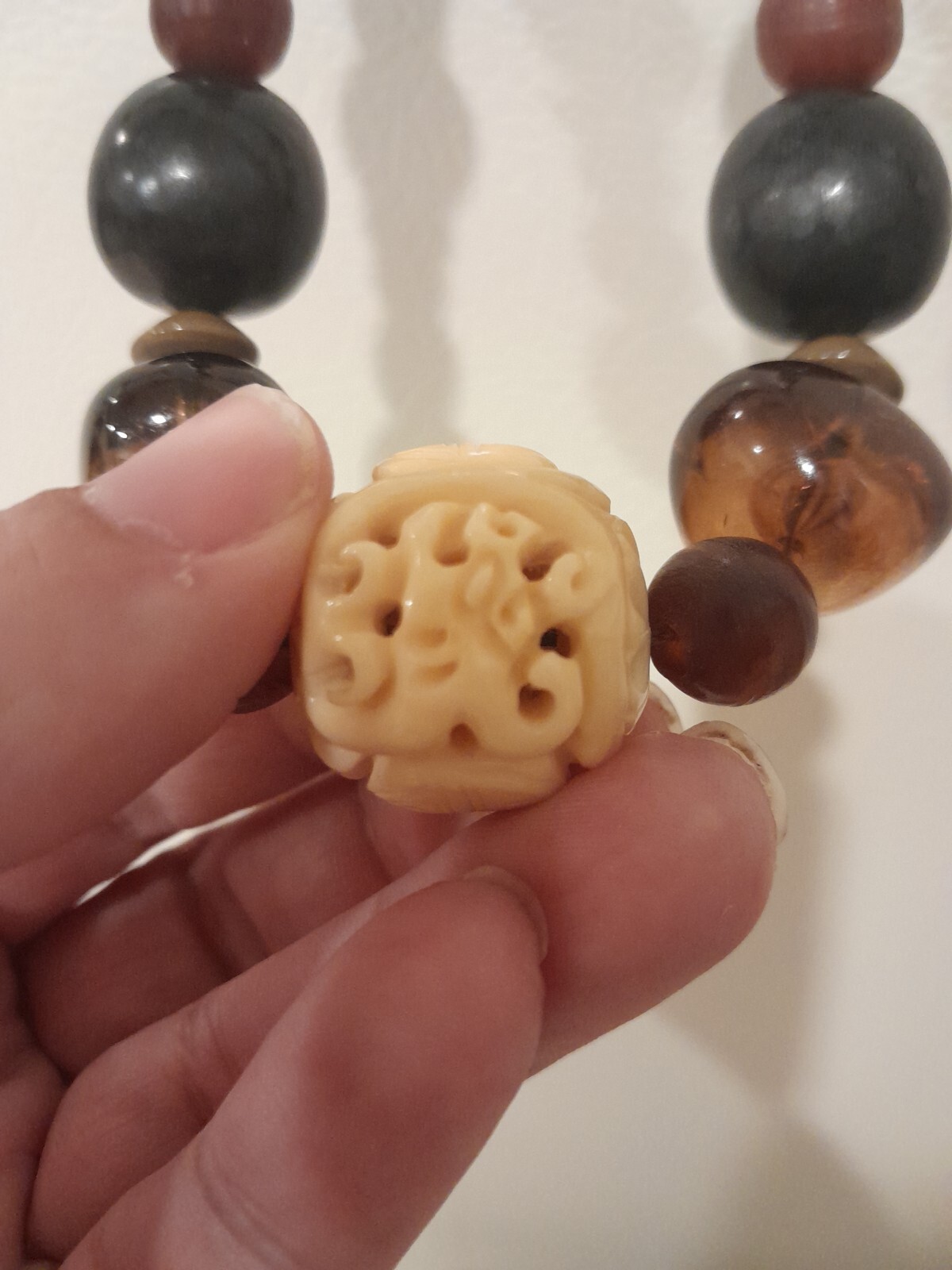 Vintage Teresa Goodall necklace signed ~multiple beads one carved bead Artisan