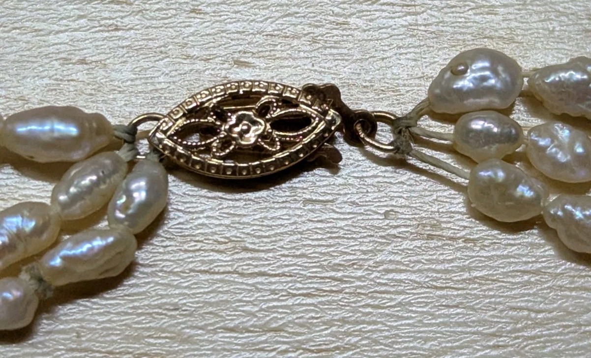 Vintage Freshwater Rice Pearl Marked “14K stamp” Gold Spacers 3-Strand Necklace