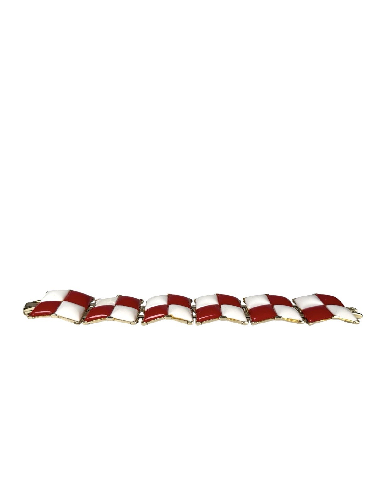 Vintage KRAMER NY Red & White Square Cabochon Checkers Link Bracelet Gold Tone