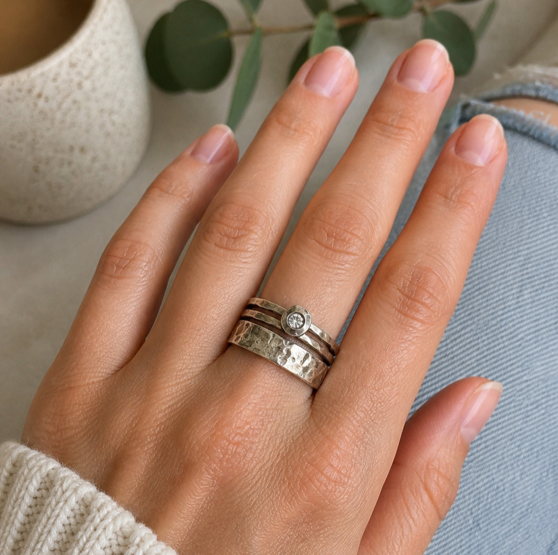 Silpada 925 Sterling Silver Stackable Ring Set Hammered CZ Size 8 Vintage