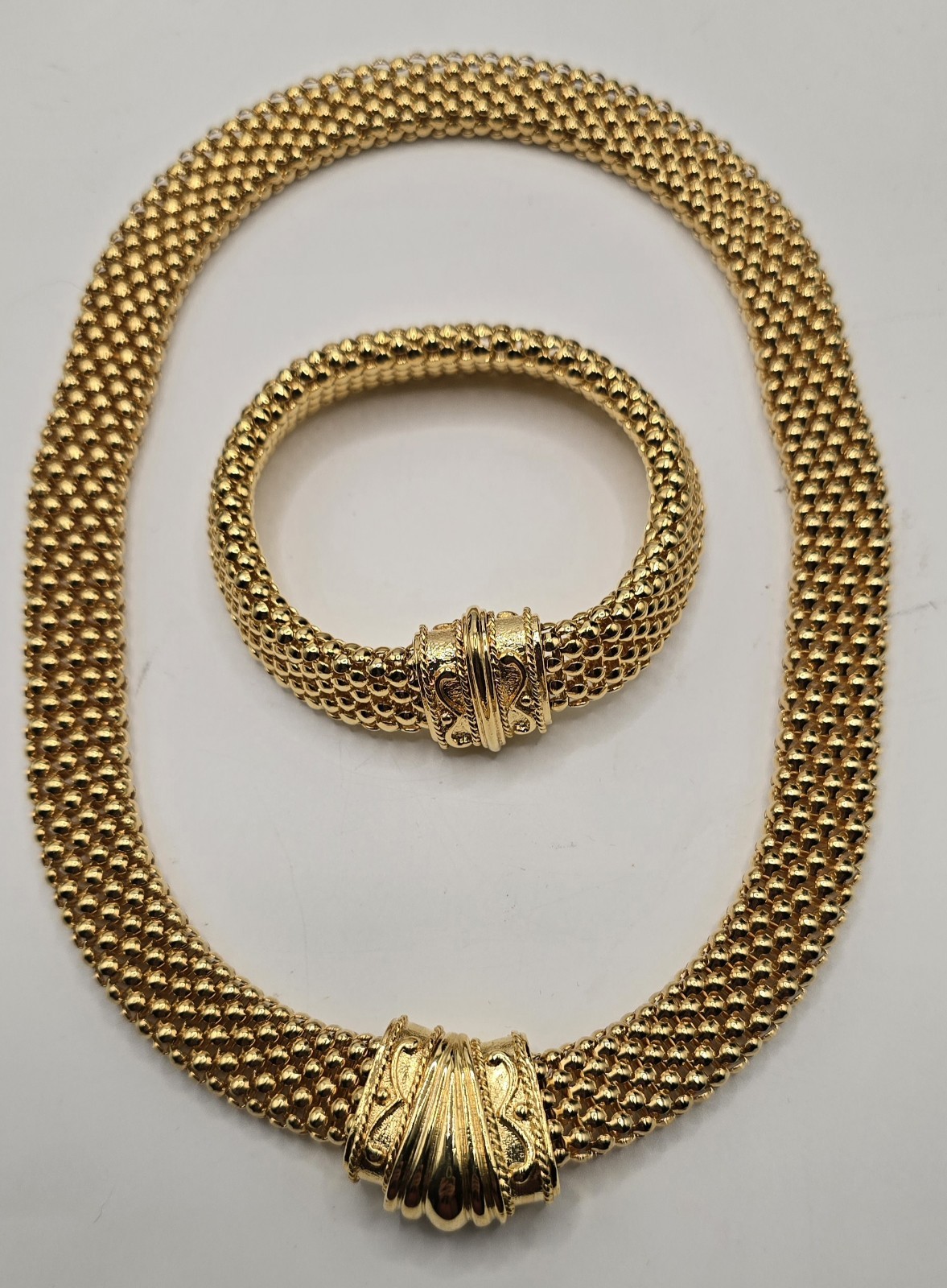 Vintage Etruscan Revival Gold Tone Mesh Collar Necklace Bracelet Jewelry Set