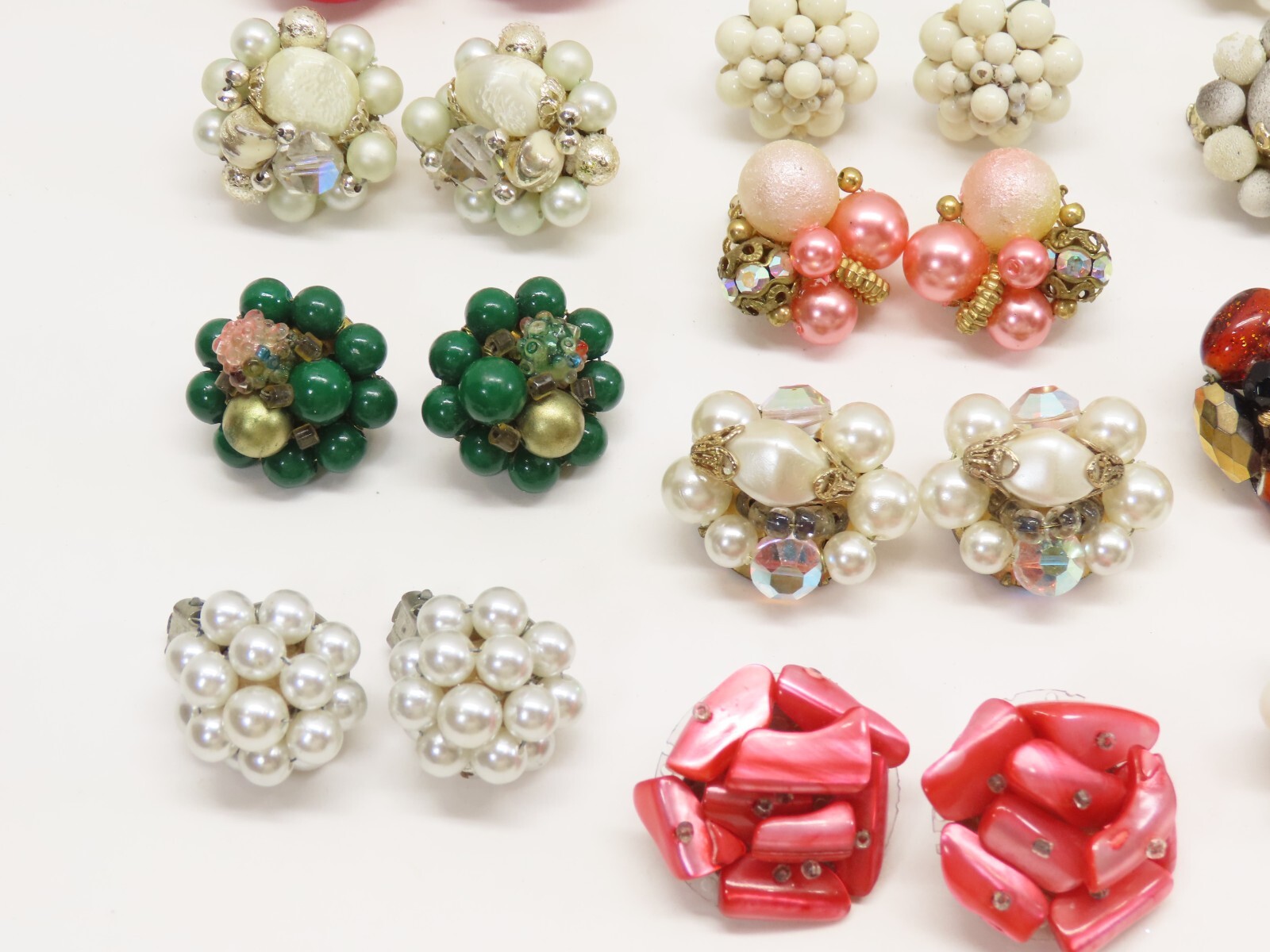 VTG Earrings Cluster Bead Clip On Some Japan Faux Pearl Lucite Plastic + D2542