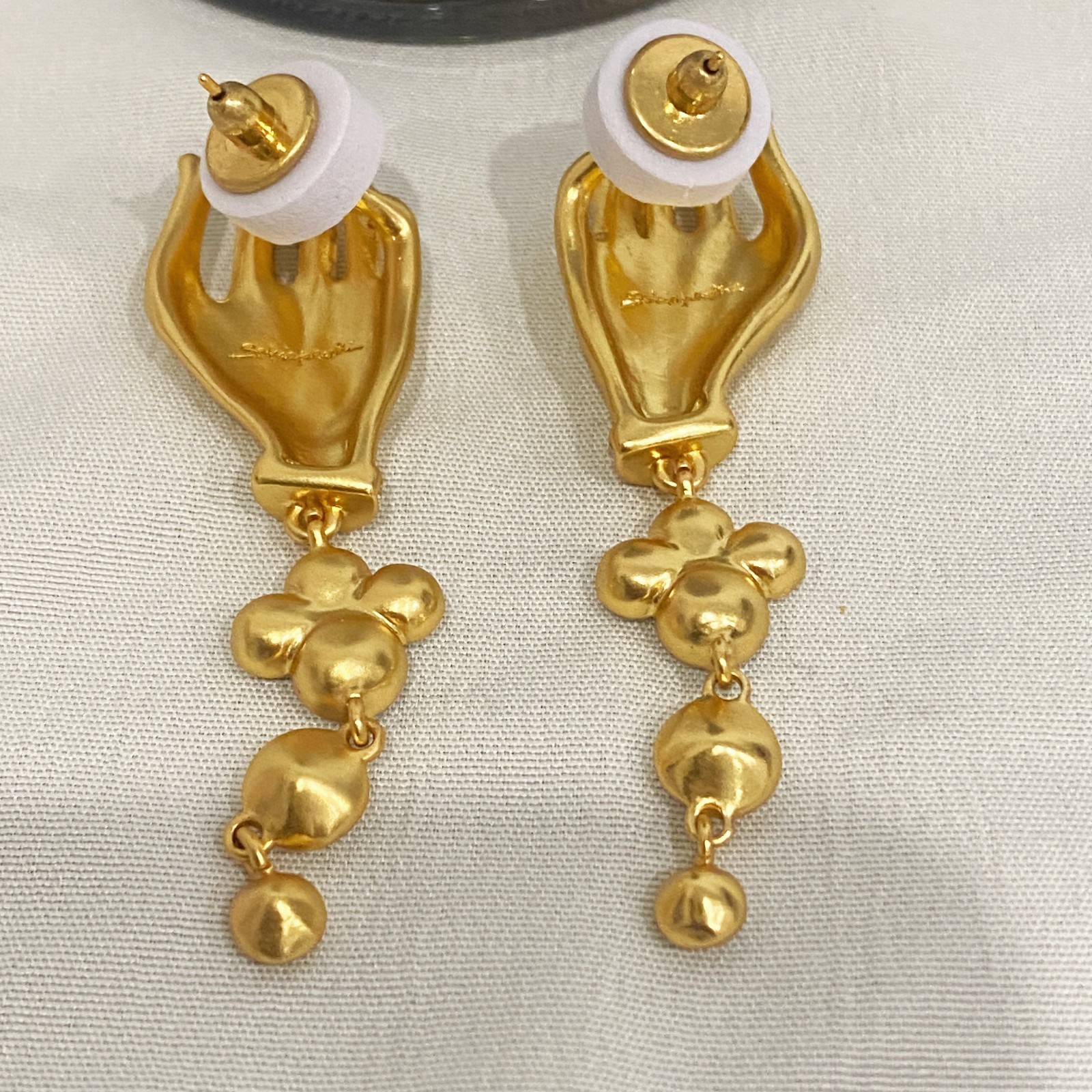 Schiaparelli Gold Hand Crystal Drop Stud Earrings