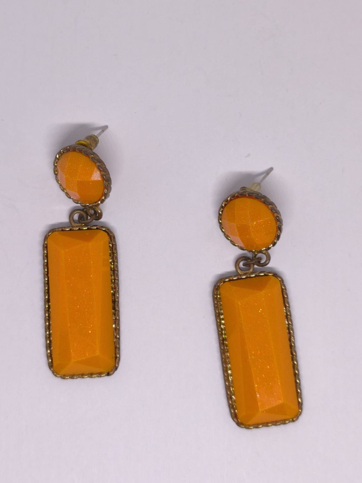 Vintage Orange Statement Earrings – Art Deco Style Gold Tone Dangle Earrings