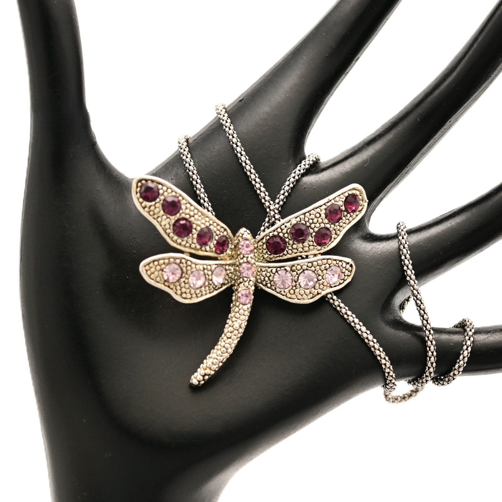 Vintage Original Sterling Silver Pink Gemstone Dragonfly Pendant Estate Necklace