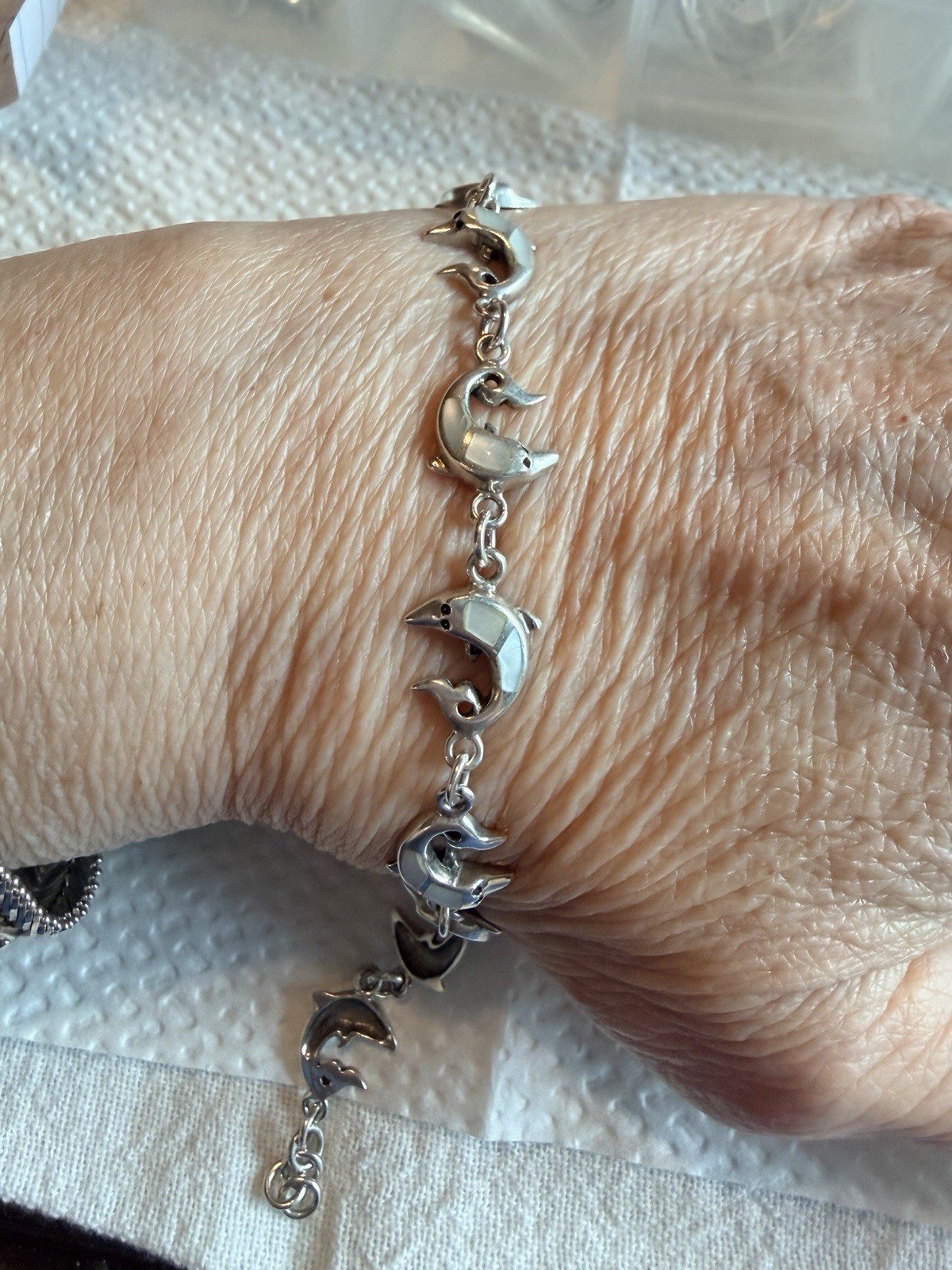 Vtg 925 Sterling Silver Sz 7.5”-6g MOP Dolphin Bracelet!