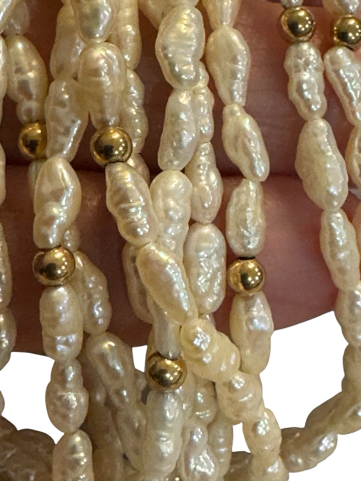 24” Multi-strand Freshwater Pearl 14k Gold Clasp Necklace Gold Beads 10 Strands