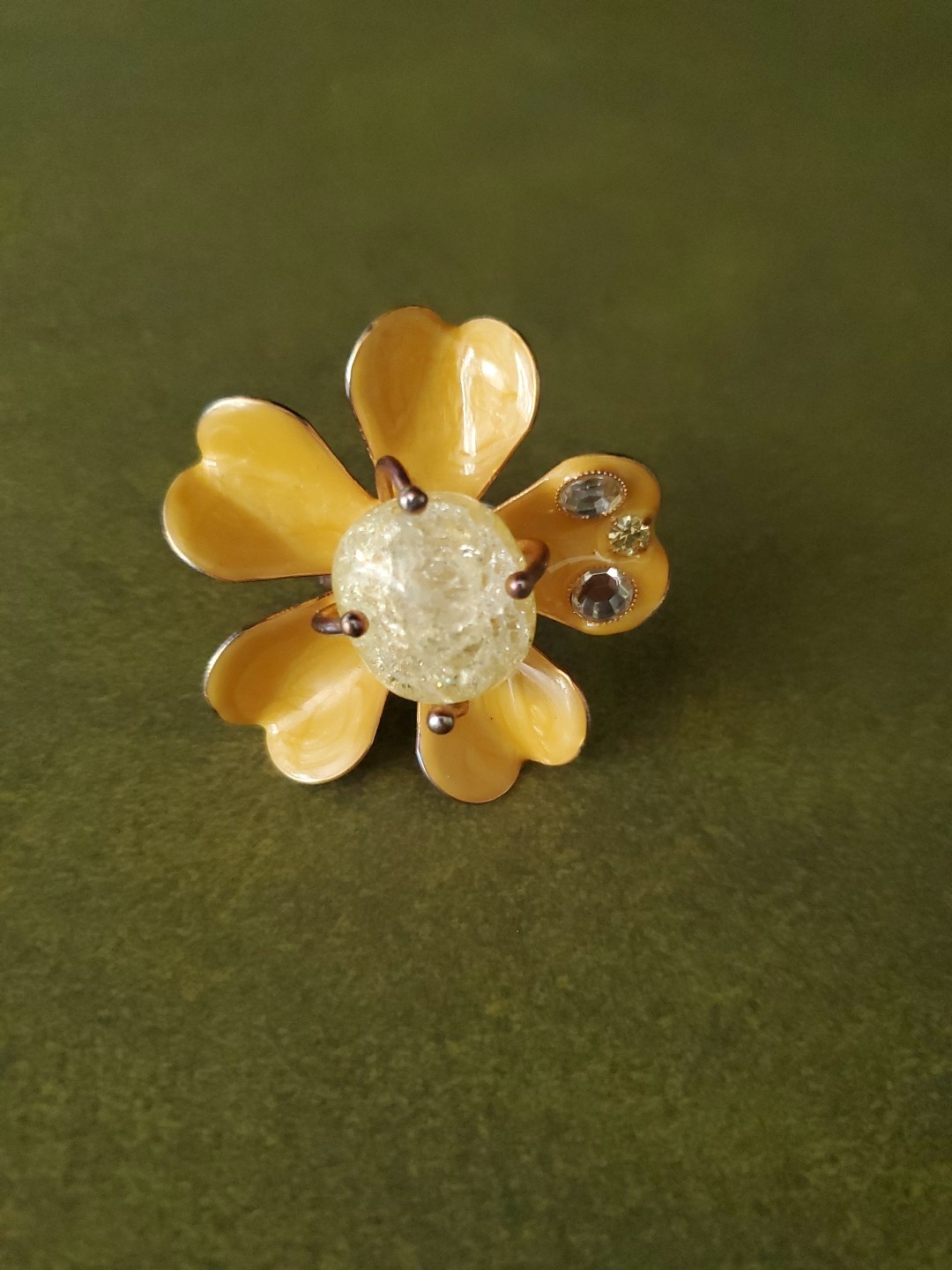 Goldtone Yellow Enamel Quartz Stone Center Flower Ring ~ Adjustable Size