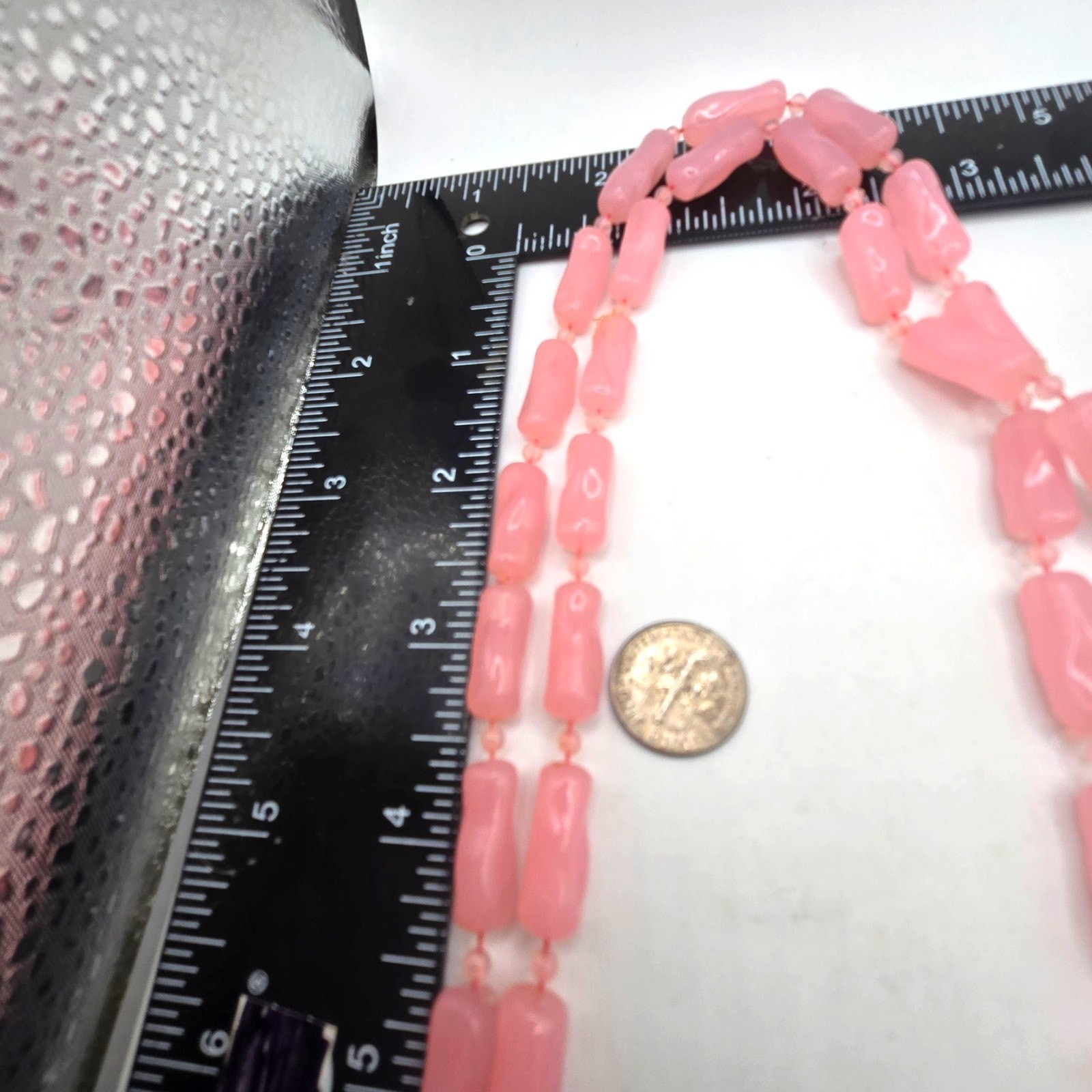 Necklace Vintage Pink Plastic Bead Glows Under Blue Light Flapper 48″ SKU2382