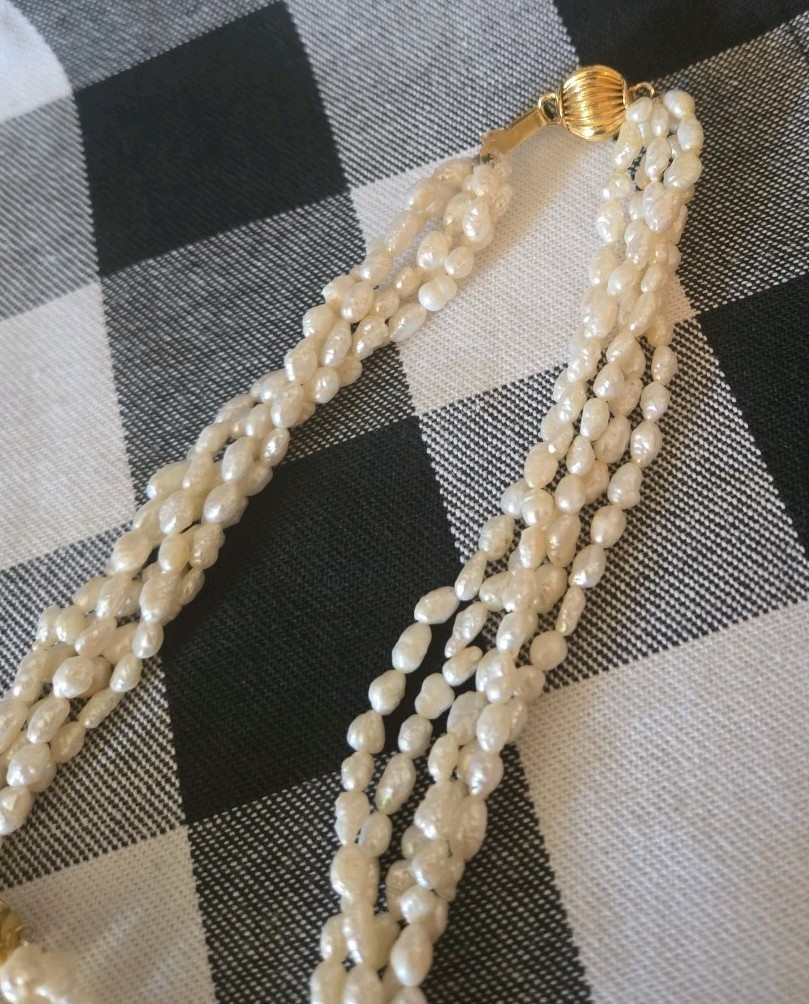 Vintage Freshwater Rice Pearls Necklace & Bracelet 5 Strand Gold Tone Ball Clasp