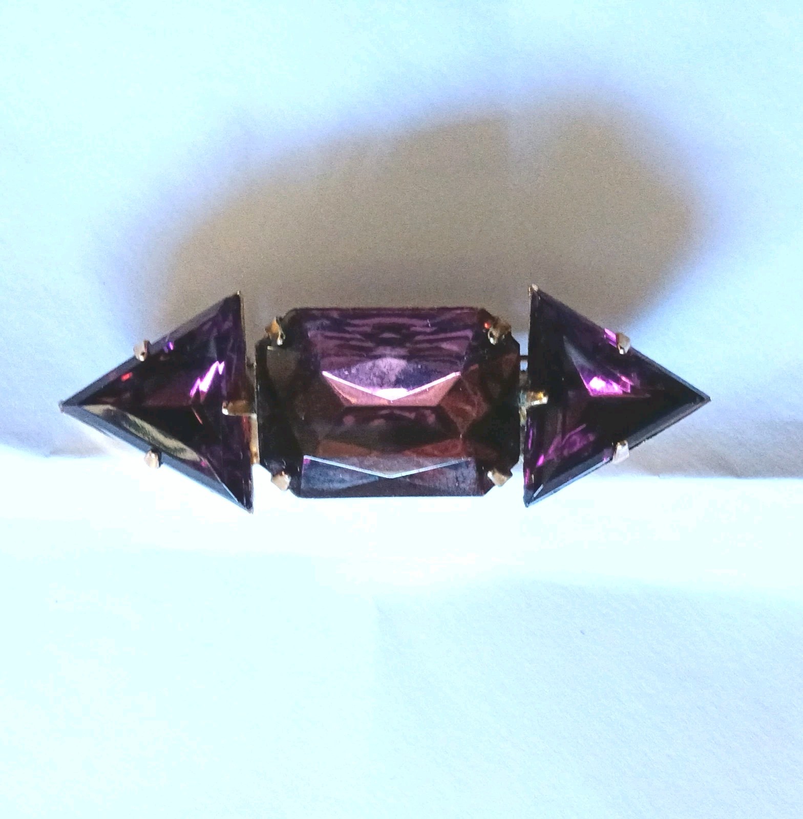 Vintage Purple Amethyst Color 3 large Glass Gem Brooch Modernist Art Deco