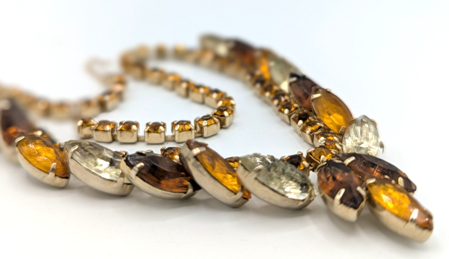 Vintage Rhinestone Collar Necklace Topaz Yellow Orange MCM Statement 1950s