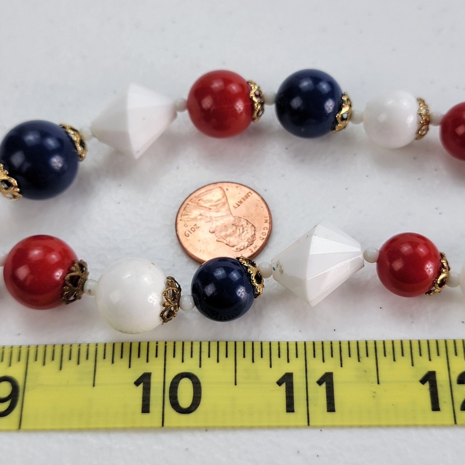 Vintage Patriotic Red White Blue Lucite Double Strand Necklace 18 In USA