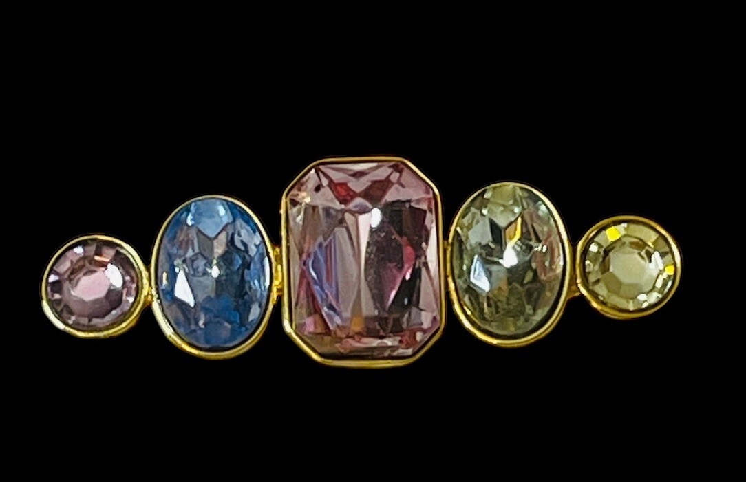 VTG TAT BAR BROOCH ART GLASS HANDMADE SIGNED FACETED STONES GOLD TONE BRILLIANT