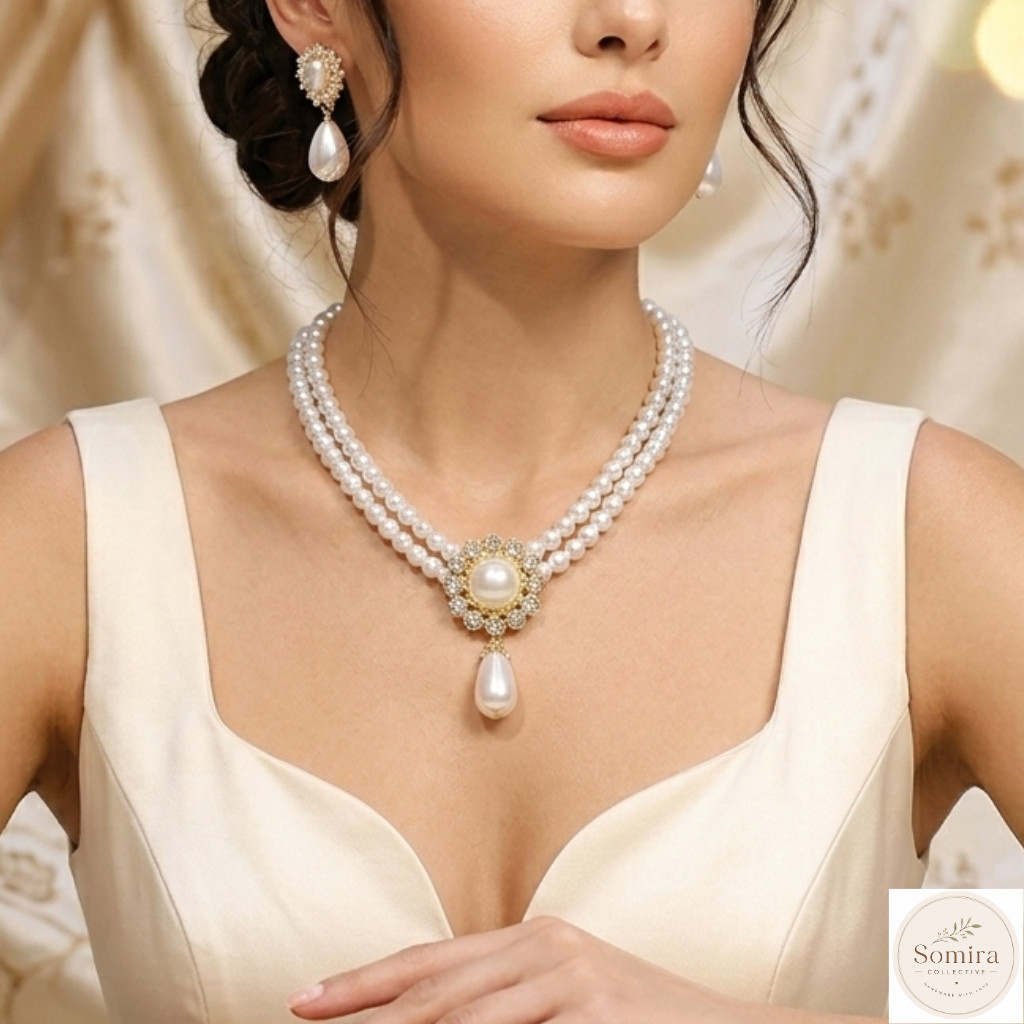 Vintage Pearl Set, Double Strand Necklace and Teardrop Earrings
